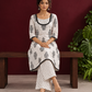 Classic White Cotton Kurta with Black Block Print Motifs, Polka Dot Yoke & Contrast Lace Trim with Matching Polka Do — seated