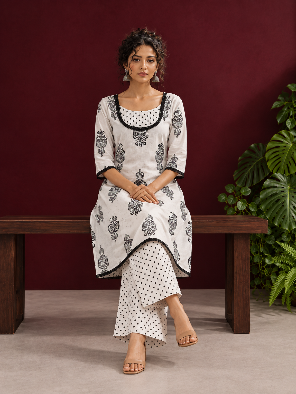 Classic White Cotton Kurta with Black Block Print Motifs, Polka Dot Yoke & Contrast Lace Trim with Matching Polka Do — seated