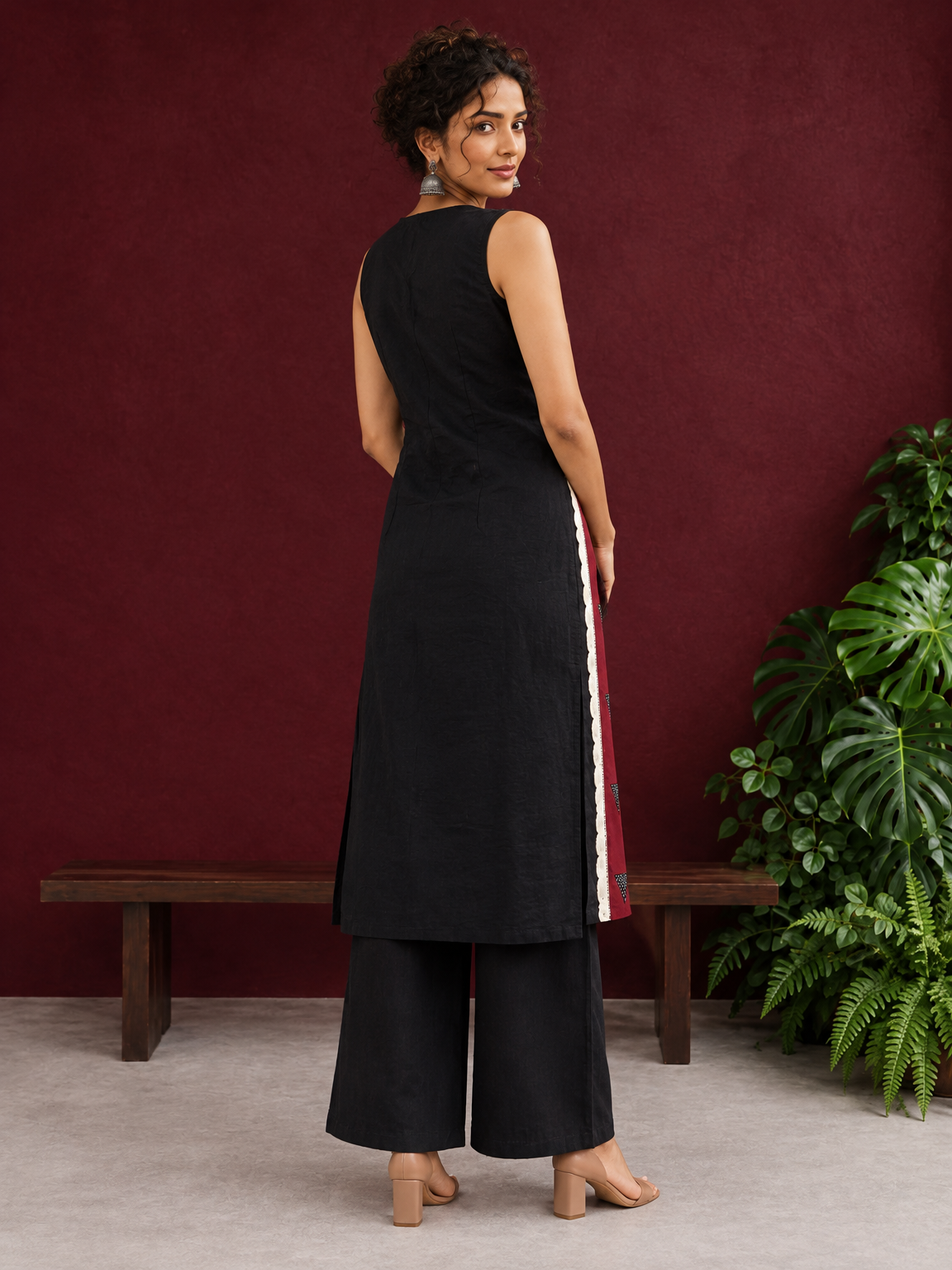 Classic Black Cotton Kurta with Maroon Polka Dot Triangle Panel & Crochet Lace Trim — back view