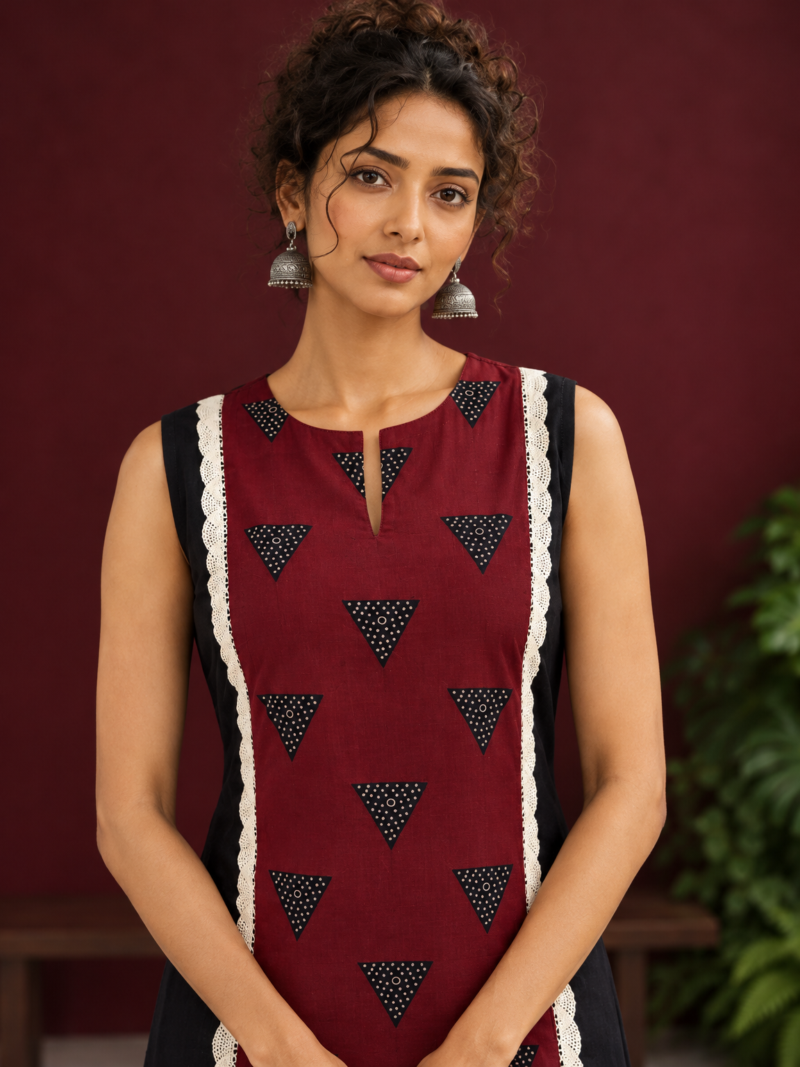 Classic Black Cotton Kurta with Maroon Polka Dot Triangle Panel & Crochet Lace Trim — fabric detail