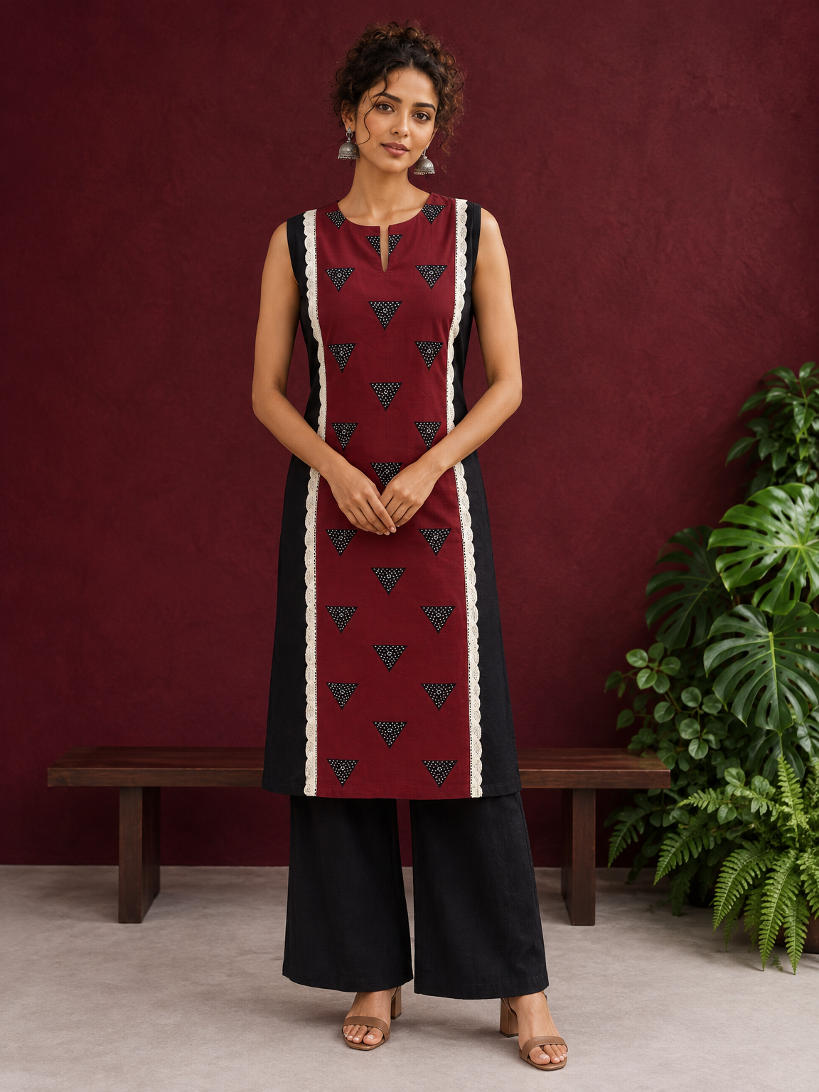 Classic Black Cotton Kurta with Maroon Polka Dot Triangle Panel & Crochet Lace Trim — front view