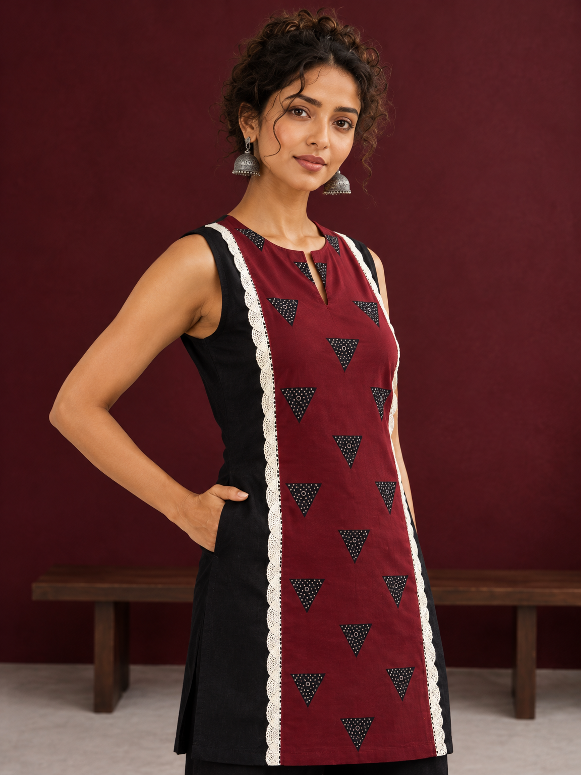 Classic Black Cotton Kurta with Maroon Polka Dot Triangle Panel & Crochet Lace Trim — styled view