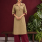 Timeless Beige Cotton Asymmetric Kurta with Maroon Lace Collar and Contrast Maroon Accent — front view