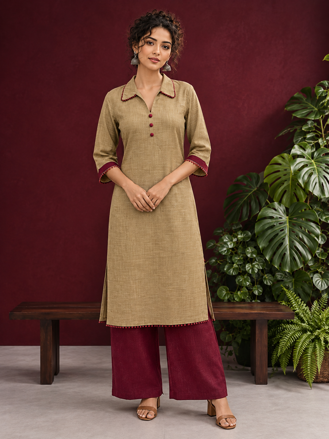 Timeless Beige Cotton Asymmetric Kurta with Maroon Lace Collar and Contrast Maroon Accent — front view
