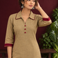 Timeless Beige Cotton Asymmetric Kurta with Maroon Lace Collar and Contrast Maroon Accent — styled view