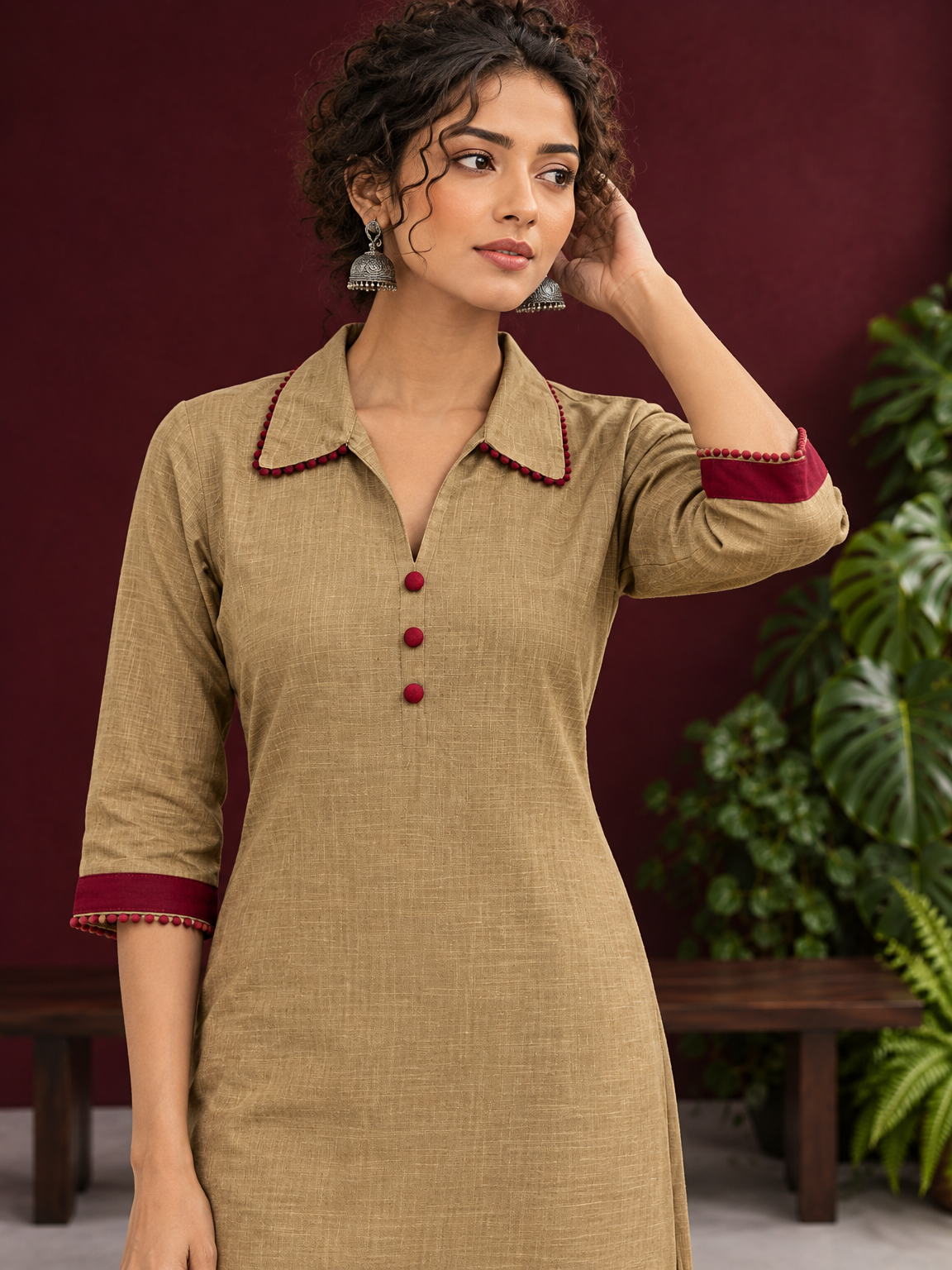 Timeless Beige Cotton Asymmetric Kurta with Maroon Lace Collar and Contrast Maroon Accent — styled view