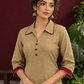 Timeless Beige Cotton Asymmetric Kurta with Maroon Lace Collar and Contrast Maroon Accent — fabric detail