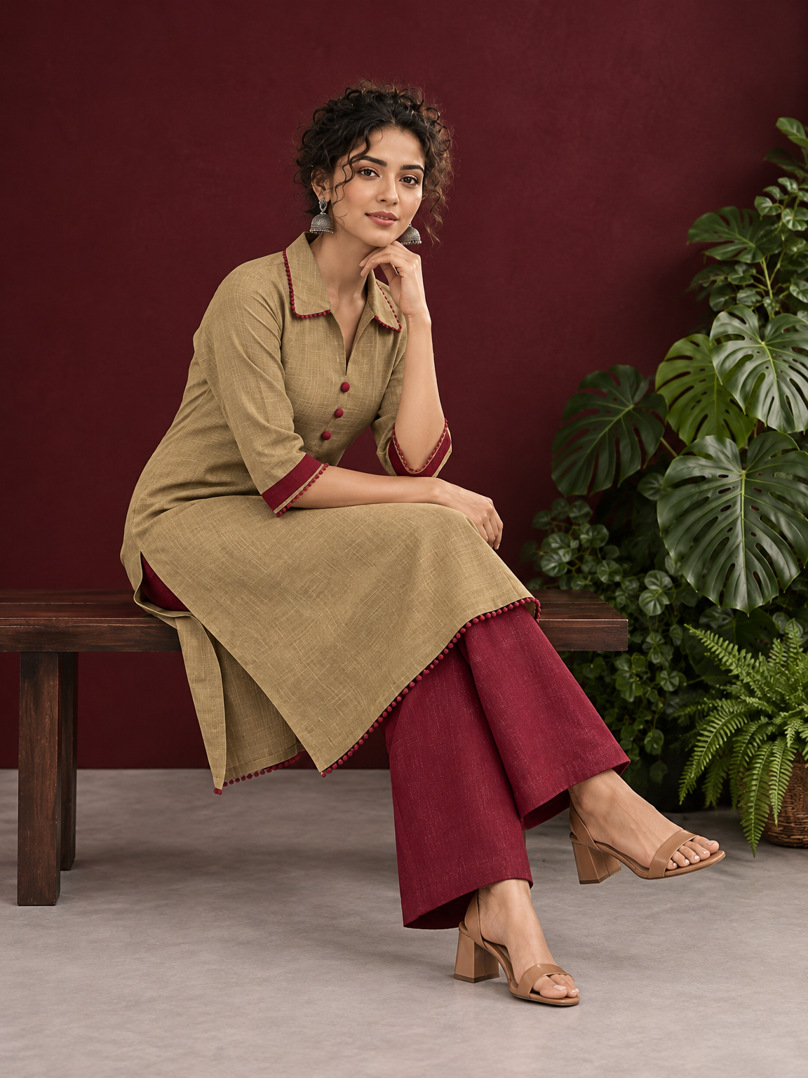 Timeless Beige Cotton Asymmetric Kurta with Maroon Lace Collar and Contrast Maroon Accent — seated