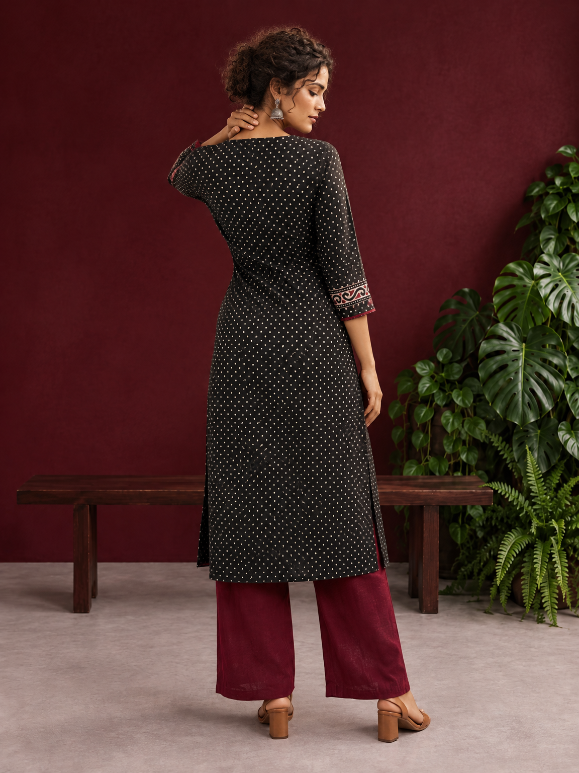 Classic Black Polka Dot Kurta with Contrast Zig-Zag Ajrakh V-Neck With Ajrakh Border On Cuffs — back view