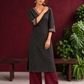 Classic Black Polka Dot Kurta with Contrast Zig-Zag Ajrakh V-Neck With Ajrakh Border On Cuffs — front view