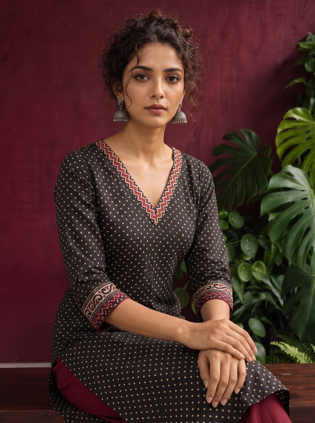 Classic Black Polka Dot Kurta with Contrast Zig-Zag Ajrakh V-Neck With Ajrakh Border On Cuffs — seated detail