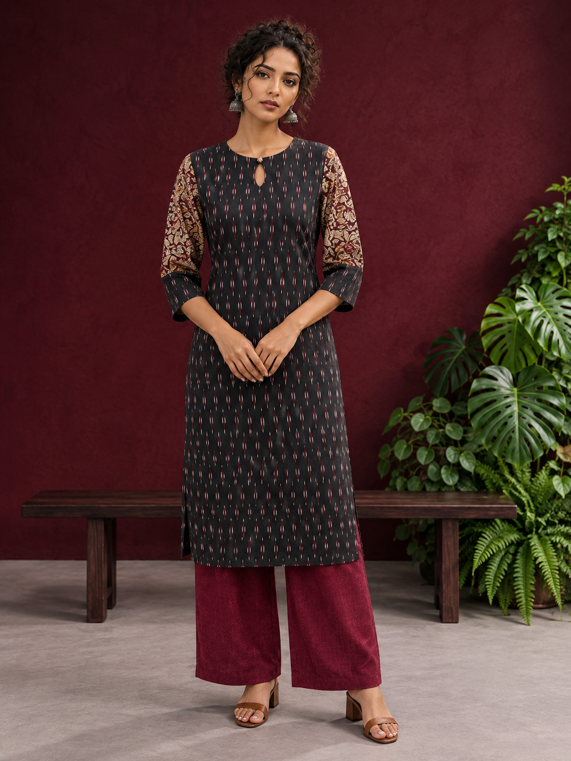 Timeless Black Ikat Cotton Kurta with Contrast Kalamkari Print Sleeves & Keyhole Neckline — front view