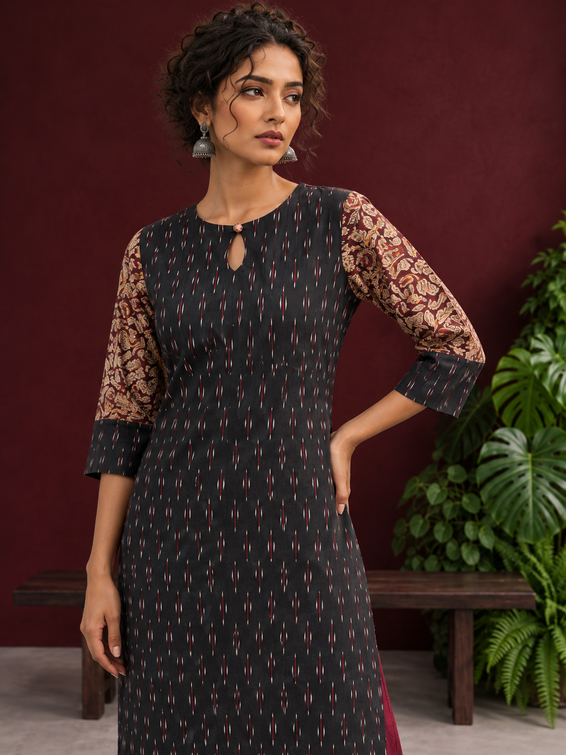 Timeless Black Ikat Cotton Kurta with Contrast Kalamkari Print Sleeves & Keyhole Neckline — fabric detail