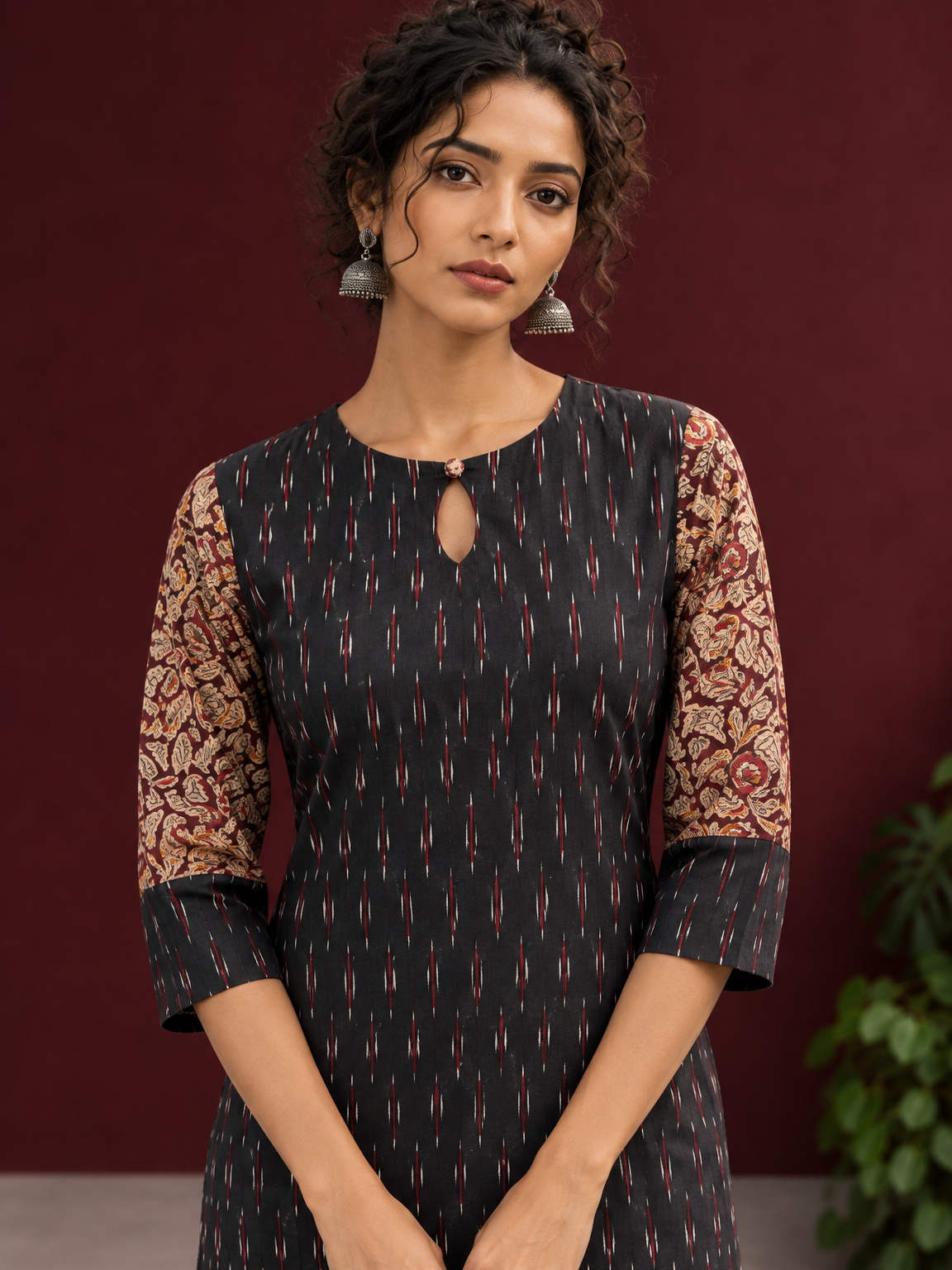 Timeless Black Ikat Cotton Kurta with Contrast Kalamkari Print Sleeves & Keyhole Neckline — styled view