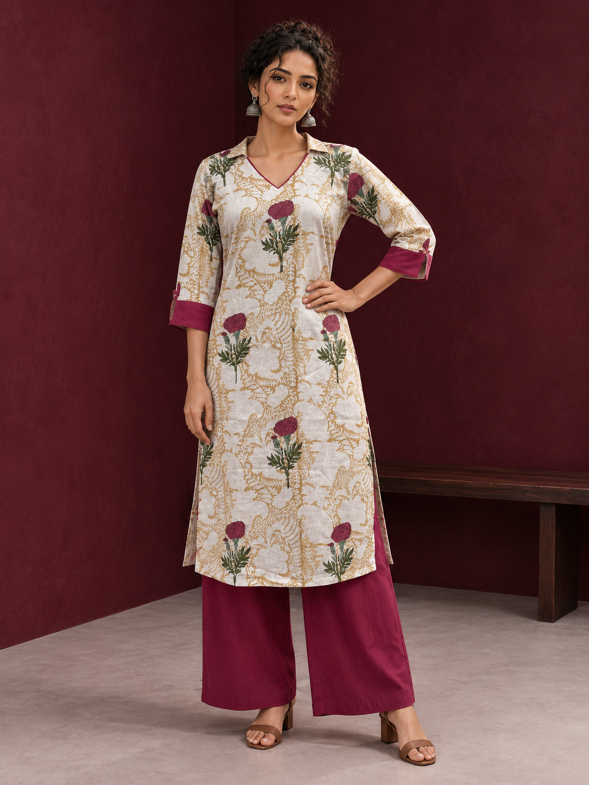 Ivory floral printed kurta with pink and green flowers, a V-neck, and contrasting pink cuffs. — front view