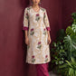 Ivory floral printed kurta with pink and green flowers, a V-neck, and contrasting pink cuffs. — side view
