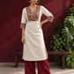 Elegant Off-White Cotton Kurta with Kalamkari Leaf Print Yoke and Contrast Cuffs — front view