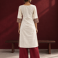 Elegant Off-White Cotton Kurta with Kalamkari Leaf Print Yoke and Contrast Cuffs — back view