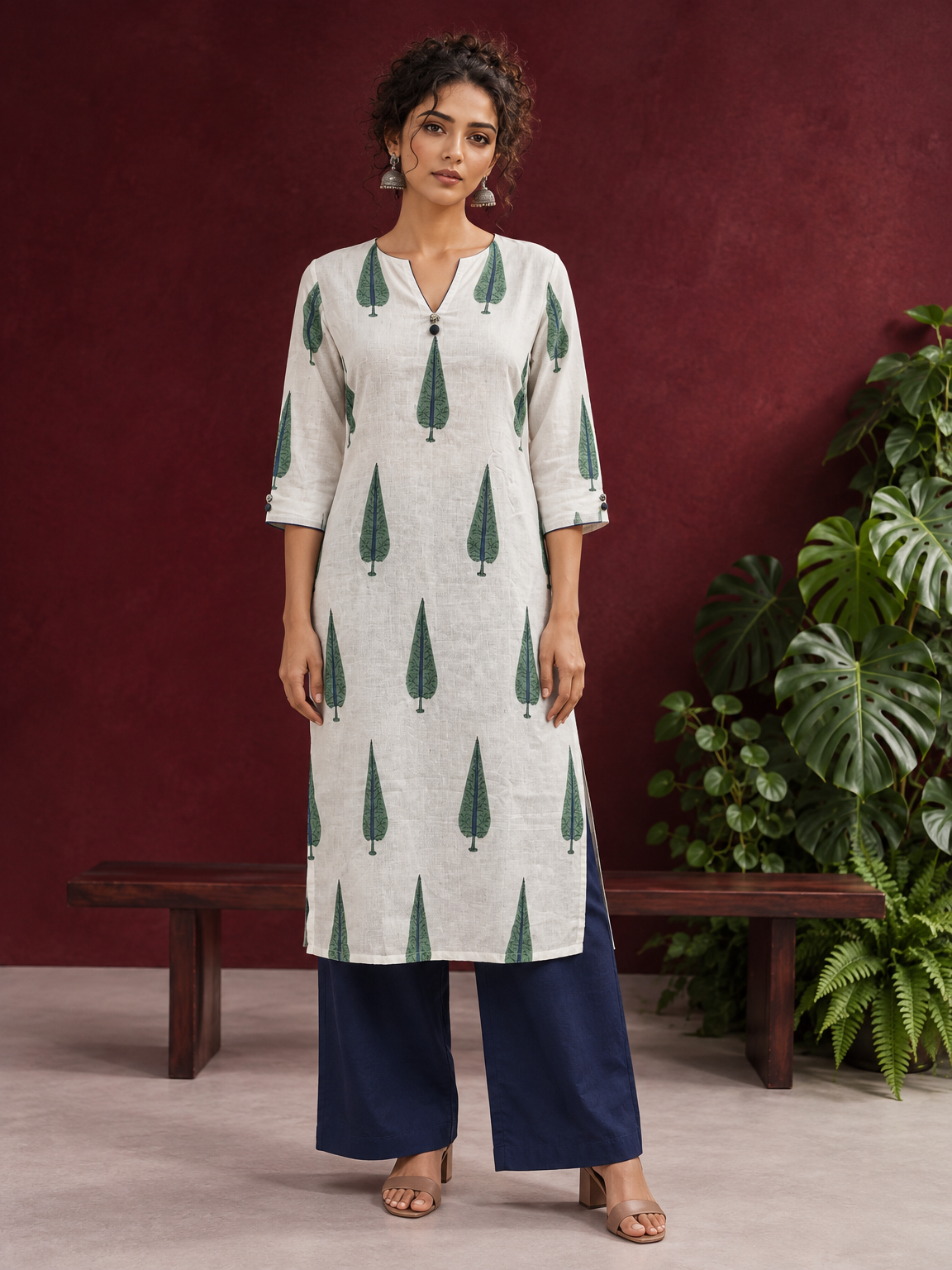 Classic Off-White Cotton Kurta with Green Tree Motif Print — front view