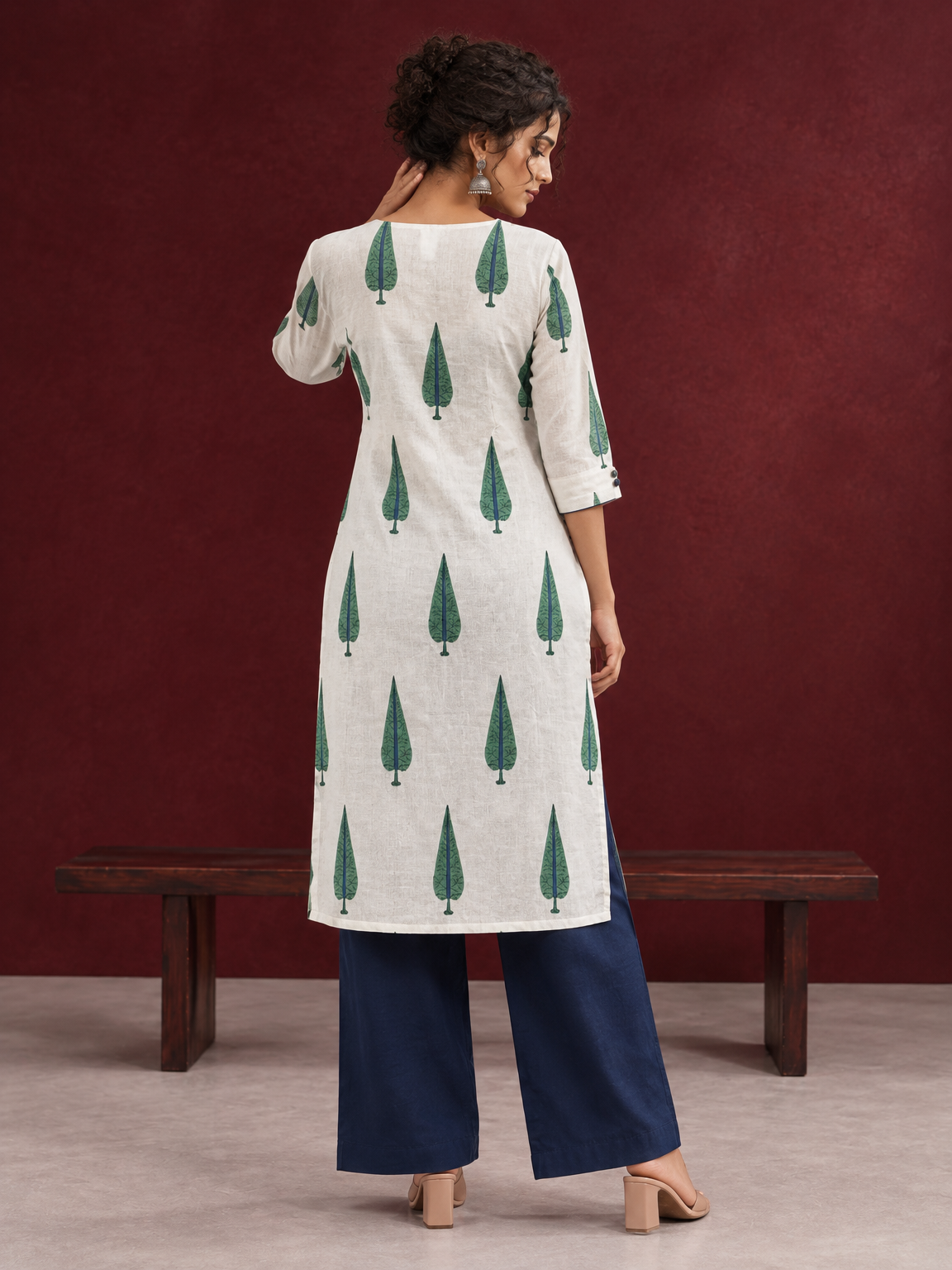 Classic Off-White Cotton Kurta with Green Tree Motif Print — back view