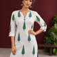Classic Off-White Cotton Kurta with Green Tree Motif Print — fabric detail