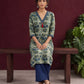 Sage Green Cotton Kurta with Hand Block Printed Floral Motifs and Contrast Navy Striped V-Neck — seated