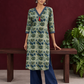 Sage Green Cotton Kurta with Hand Block Printed Floral Motifs and Contrast Navy Striped V-Neck — front view