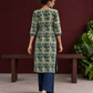Sage Green Cotton Kurta with Hand Block Printed Floral Motifs and Contrast Navy Striped V-Neck — back view