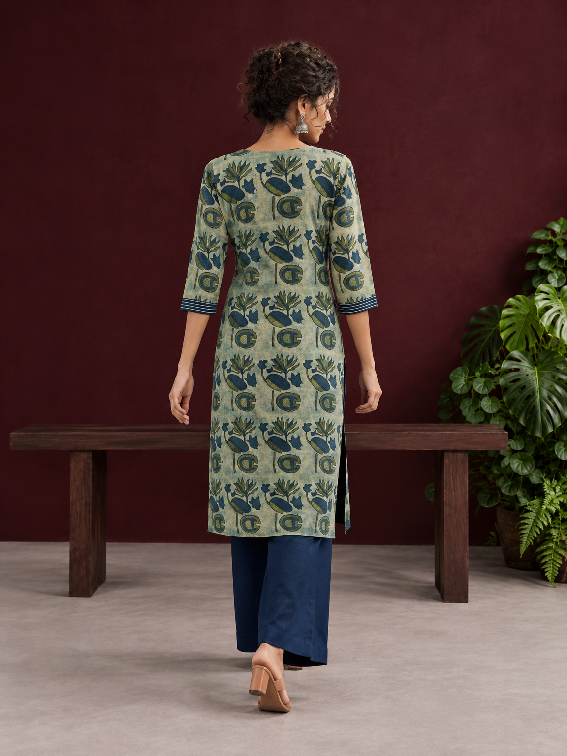 Sage Green Cotton Kurta with Hand Block Printed Floral Motifs and Contrast Navy Striped V-Neck — back view