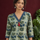 Sage Green Cotton Kurta with Hand Block Printed Floral Motifs and Contrast Navy Striped V-Neck — fabric detail