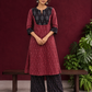 Elegant Maroon Ikat Cotton A Line Kurta With Black Yoke & Ikat Cuff Detailing — front view