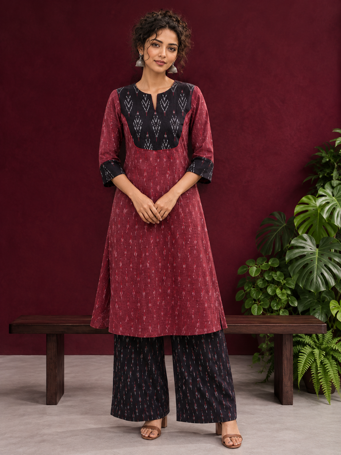 Elegant Maroon Ikat Cotton A Line Kurta With Black Yoke & Ikat Cuff Detailing — front view