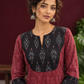 Elegant Maroon Ikat Cotton A Line Kurta With Black Yoke & Ikat Cuff Detailing — fabric detail