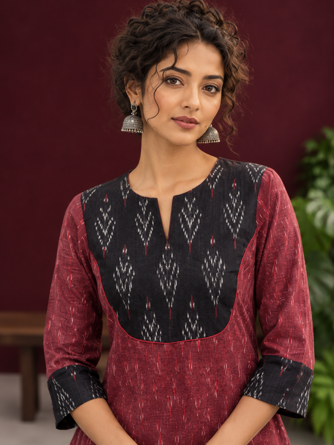 Elegant Maroon Ikat Cotton A Line Kurta With Black Yoke & Ikat Cuff Detailing — fabric detail