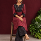 Elegant Maroon Ikat Cotton A Line Kurta With Black Yoke & Ikat Cuff Detailing — seated