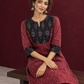 Elegant Maroon Ikat Cotton A Line Kurta With Black Yoke & Ikat Cuff Detailing — seated detail