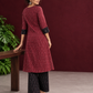 Elegant Maroon Ikat Cotton A Line Kurta With Black Yoke & Ikat Cuff Detailing — back view