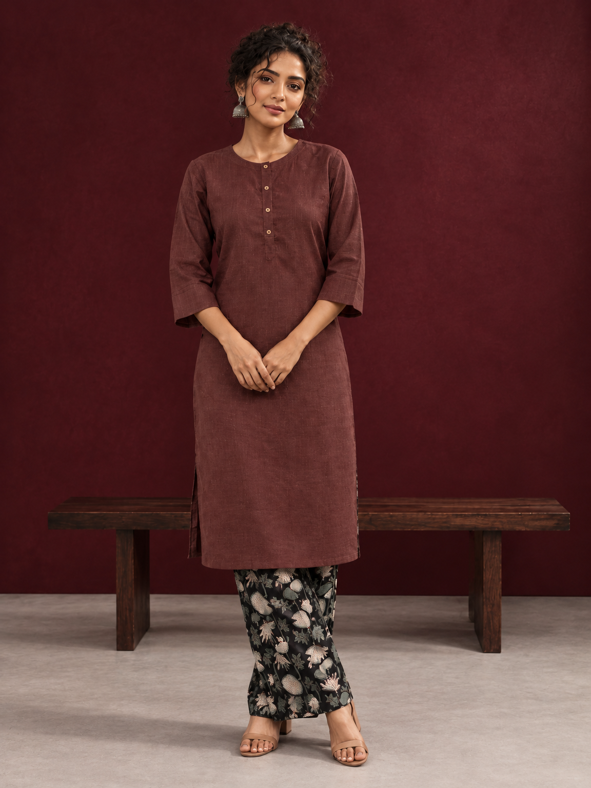 Rustic Brown Cotton Kurta with Round Neck — front view