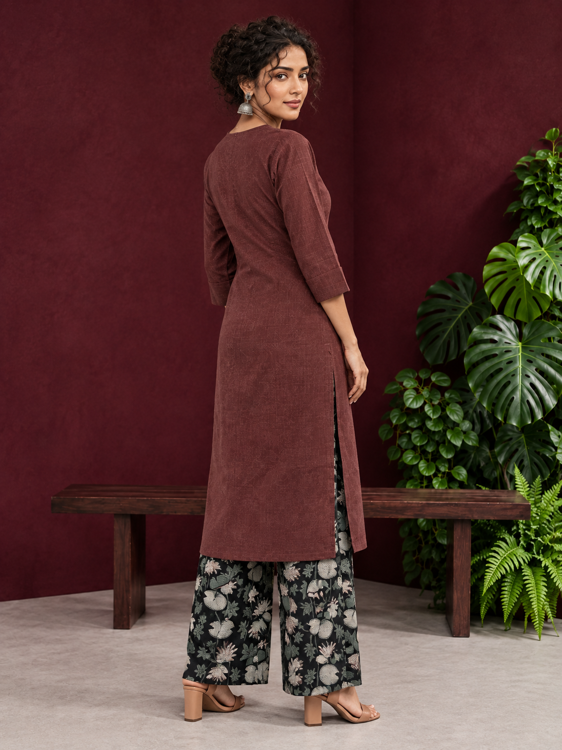 Rustic Brown Cotton Kurta with Round Neck — back view