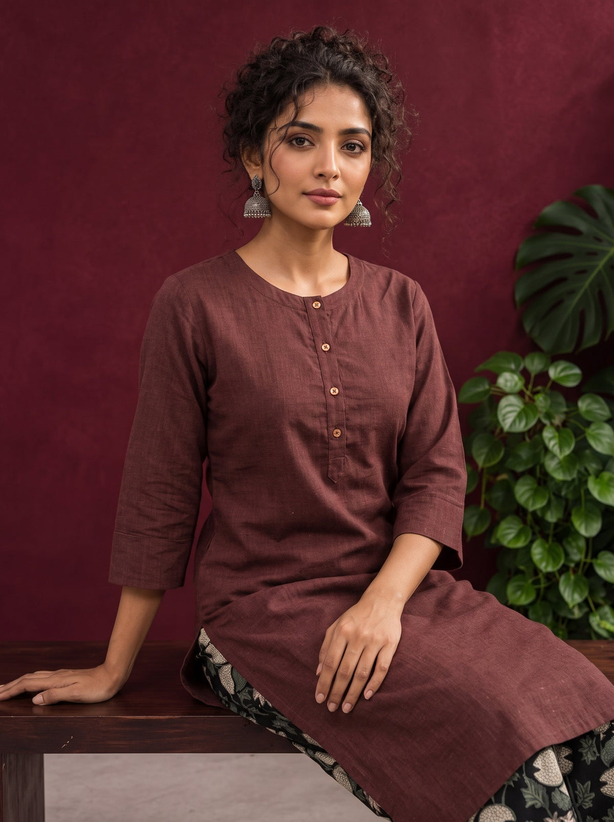 Rustic Brown Cotton Kurta with Round Neck — seated detail
