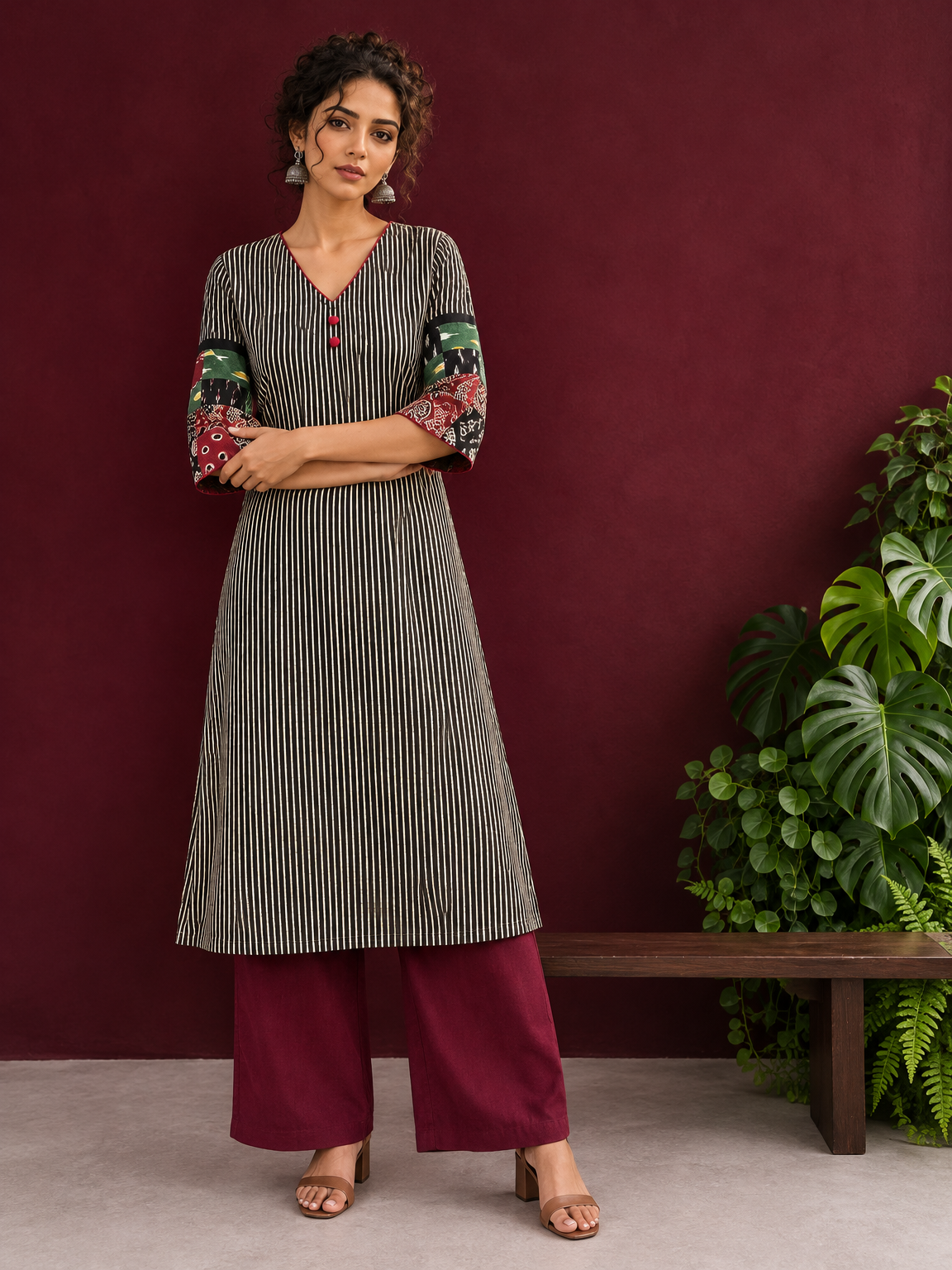 Timeless Black and Off-White Striped Cotton Ajrakh Kurta with Multicolor Patchwork Sleeve Panels — front view