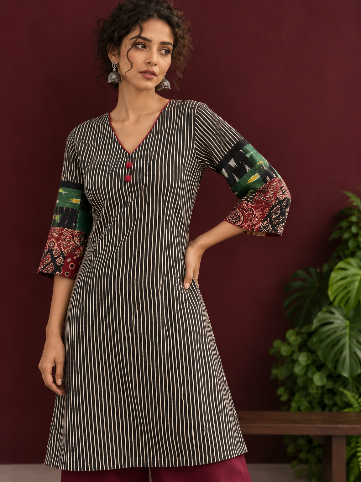 Timeless Black and Off-White Striped Cotton Ajrakh Kurta with Multicolor Patchwork Sleeve Panels — fabric detail