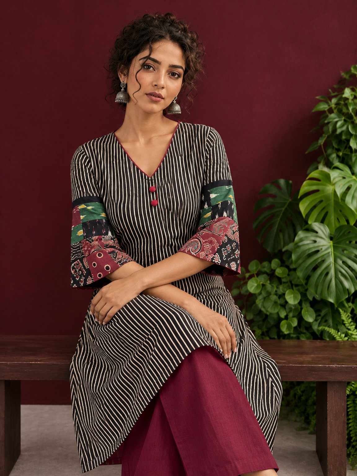 Timeless Black and Off-White Striped Cotton Ajrakh Kurta with Multicolor Patchwork Sleeve Panels — seated detail