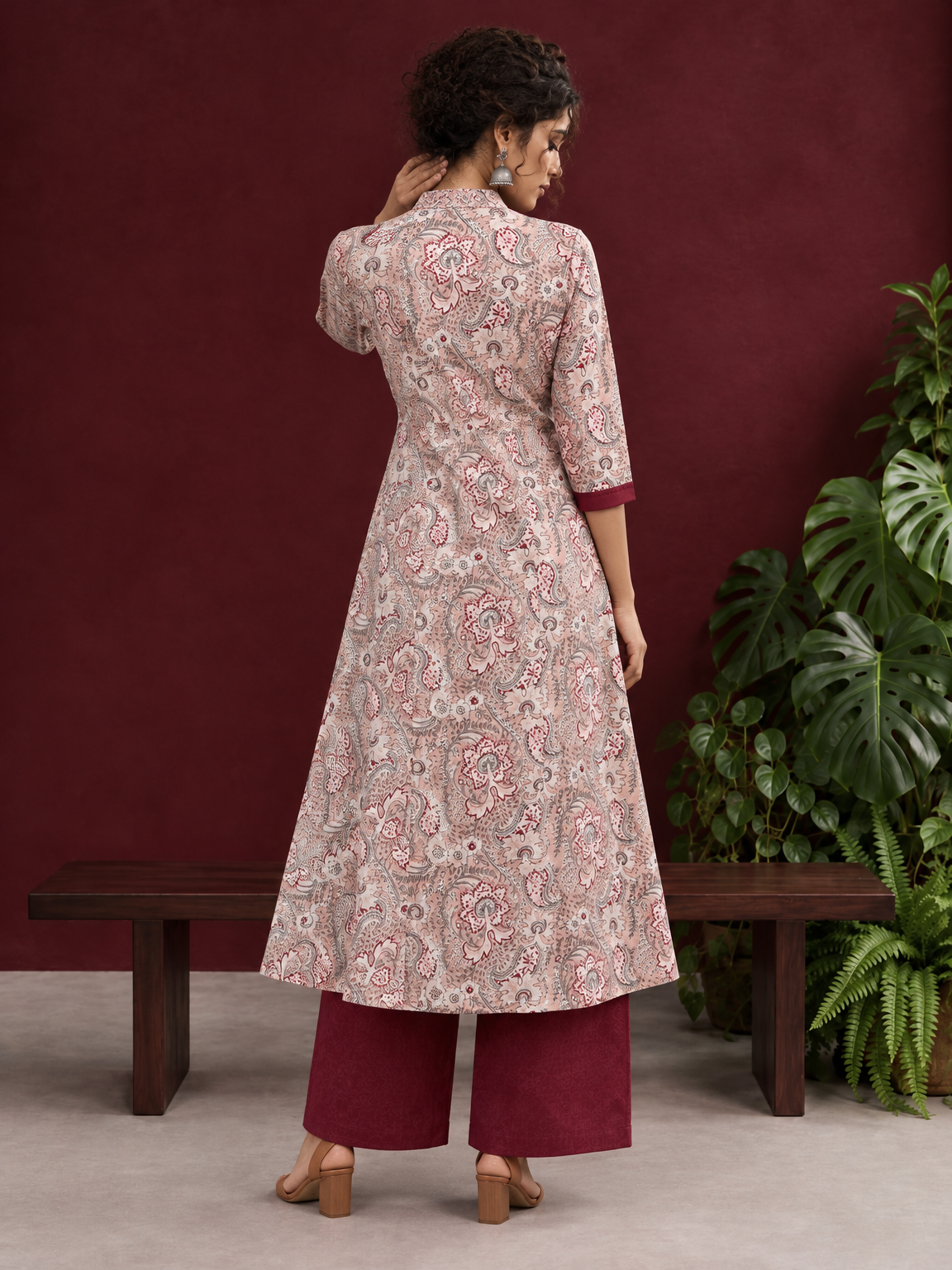 Pink Cotton Paisley Print Kurta with Maroon Button Placket and Contrast Cuffs — back view