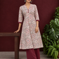 Pink Cotton Paisley Print Kurta with Maroon Button Placket and Contrast Cuffs — front view