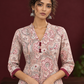 Pink Cotton Paisley Print Kurta with Maroon Button Placket and Contrast Cuffs — fabric detail