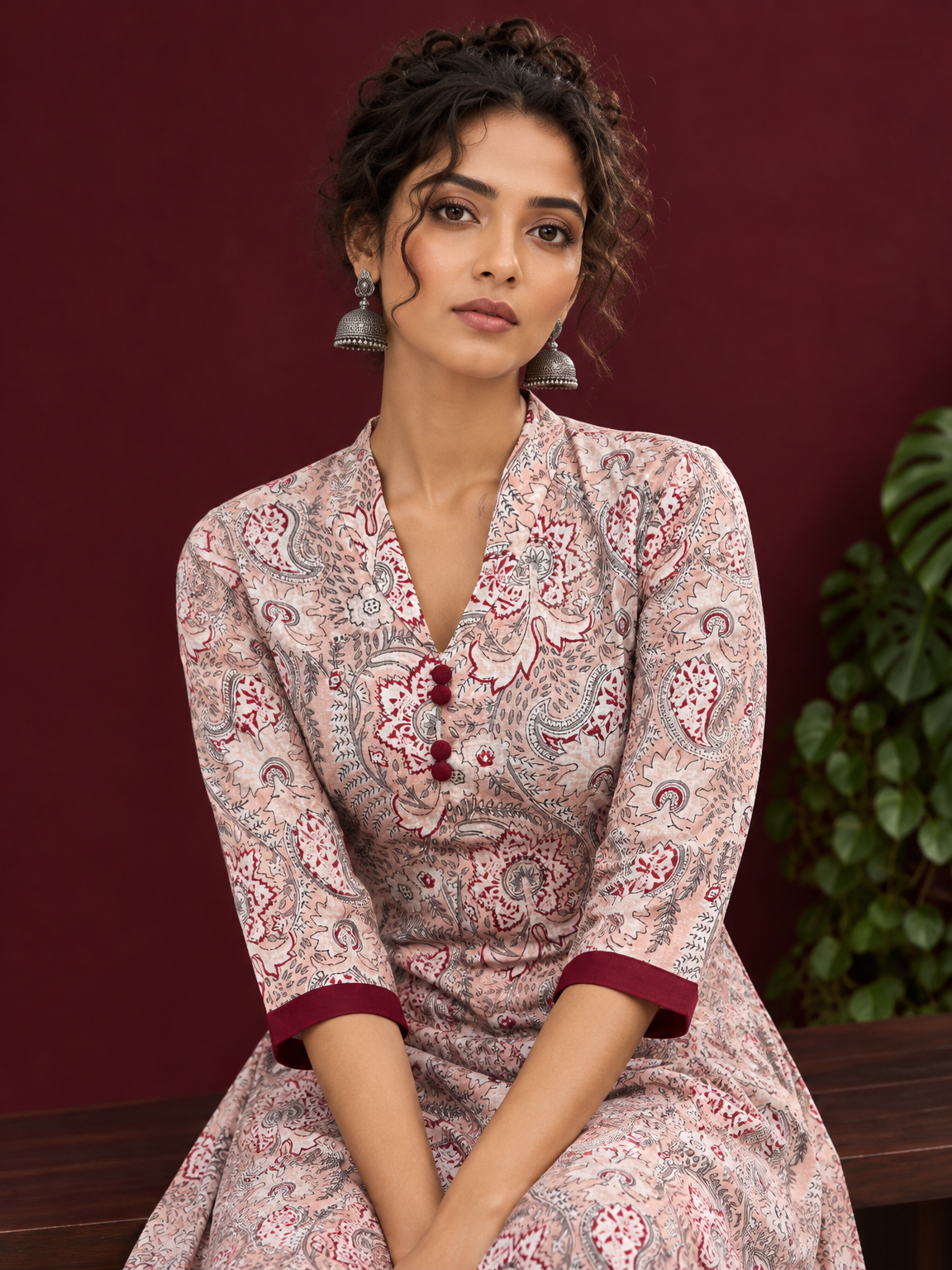Pink Cotton Paisley Print Kurta with Maroon Button Placket and Contrast Cuffs — seated detail