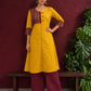 Mustard Yellow Cotton Kurta with Contrast Ajrakh Striped Yoke Panel & Coordinated Sleeve Cuffs — front view