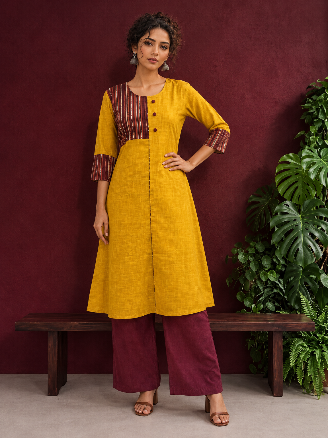 Mustard Yellow Cotton Kurta with Contrast Ajrakh Striped Yoke Panel & Coordinated Sleeve Cuffs — front view