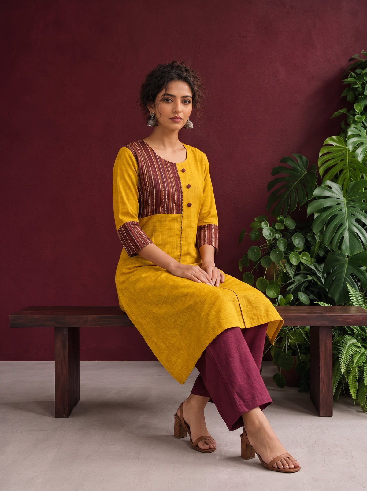 Mustard Yellow Cotton Kurta with Contrast Ajrakh Striped Yoke Panel & Coordinated Sleeve Cuffs — seated